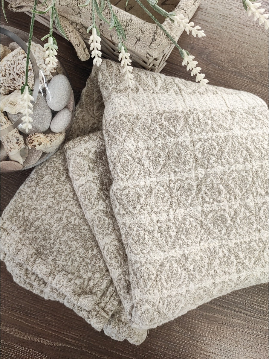 Beige and Grey Linen Towel with Elegant Ornament