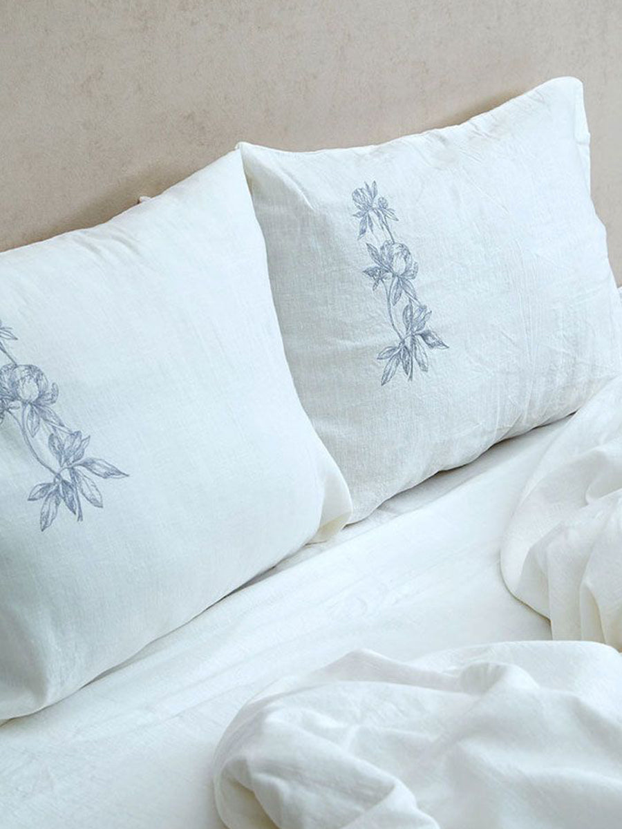 Linen Bedding in White with Delicate Embroidery