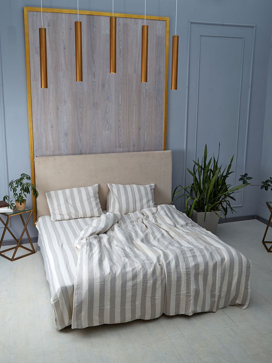 Linen Bedding in White and Grey with Wide Stripes