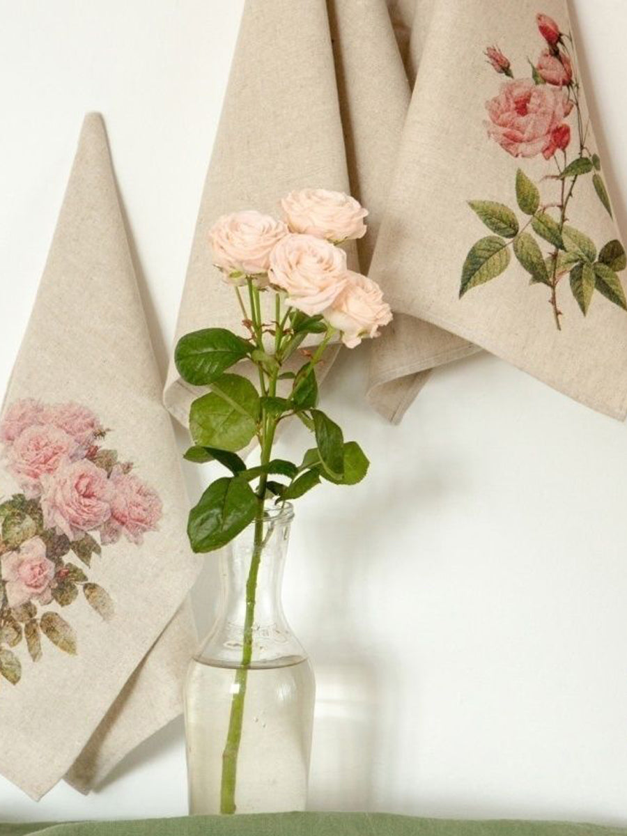 Linen Grey with Roses, Set of 4 Towels