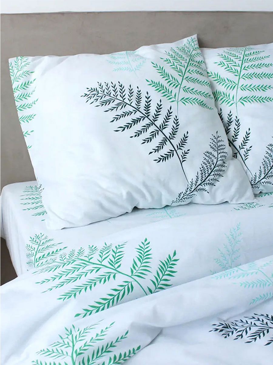 Linen Bedding in White with Green Fern Design