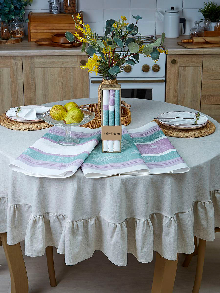 Linen White with Green and Purple Stripes, Set of 3 Towels