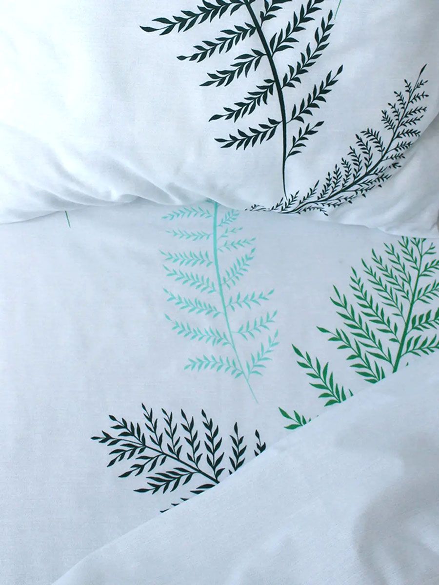 Linen Bedding in White with Green Fern Design