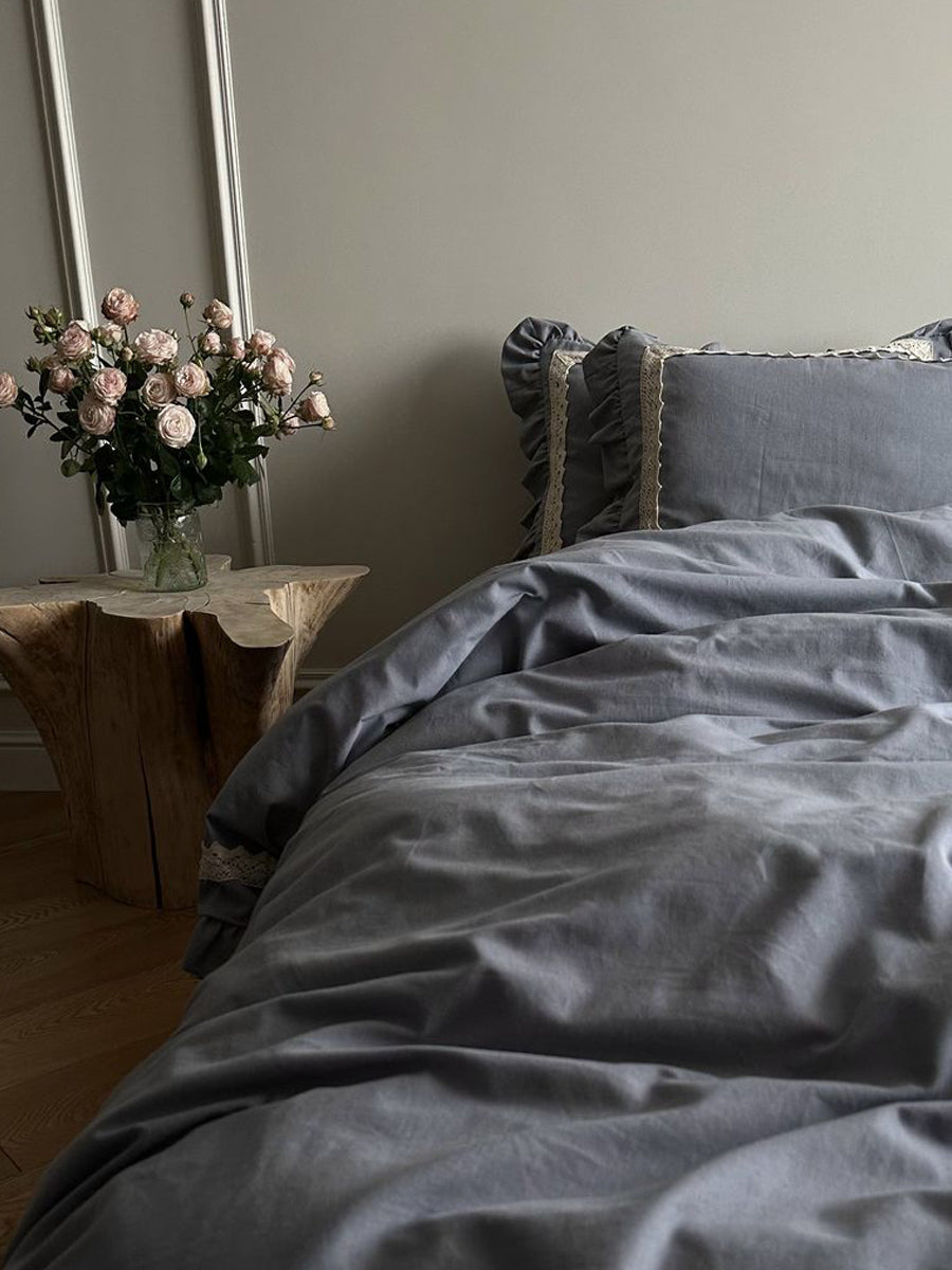 Linen Bedding in Dark Grayish Blue with Elegant Lace