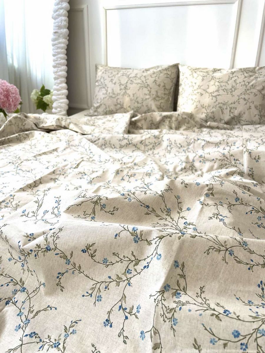 Linen Bedding in Beige with Small Floral Print