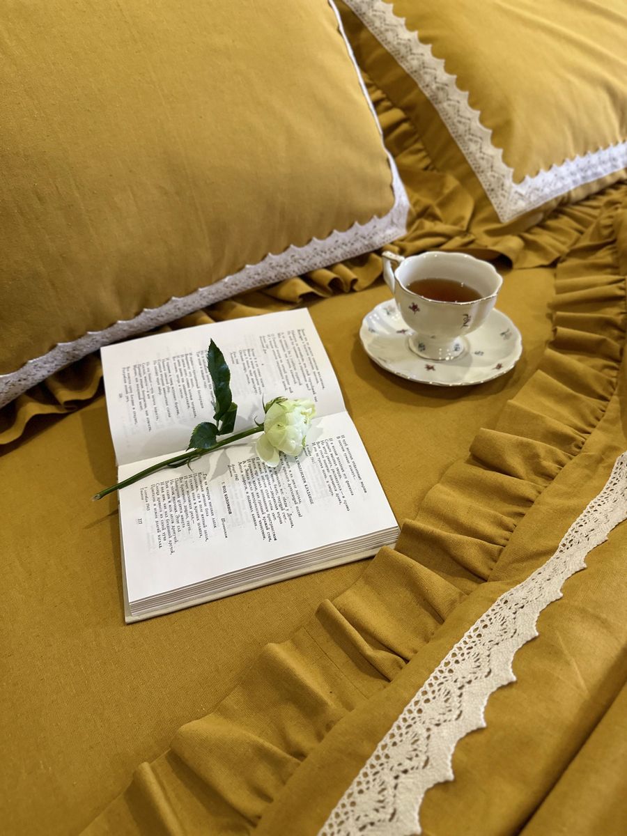 Linen Bedding in Sand with Delicate Lace Details