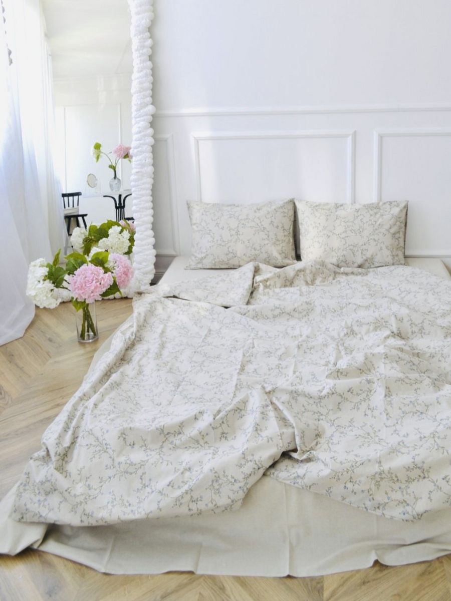 Linen Bedding in Beige with Small Floral Print