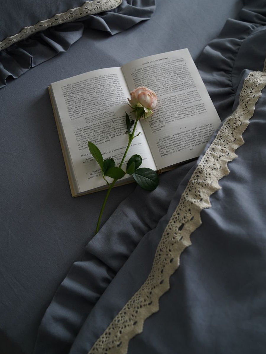 Linen Bedding in Dark Grayish Blue with Elegant Lace