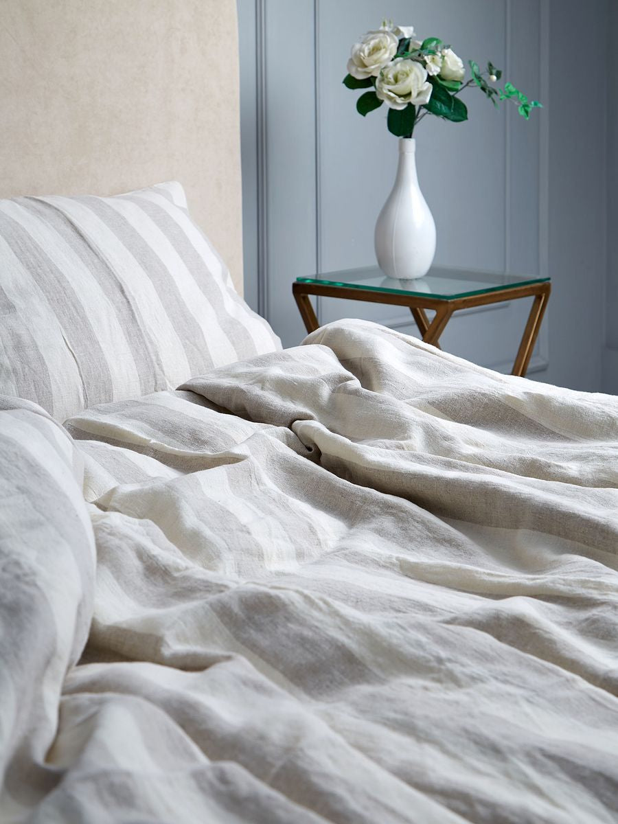 Linen Bedding in White and Grey with Wide Stripes