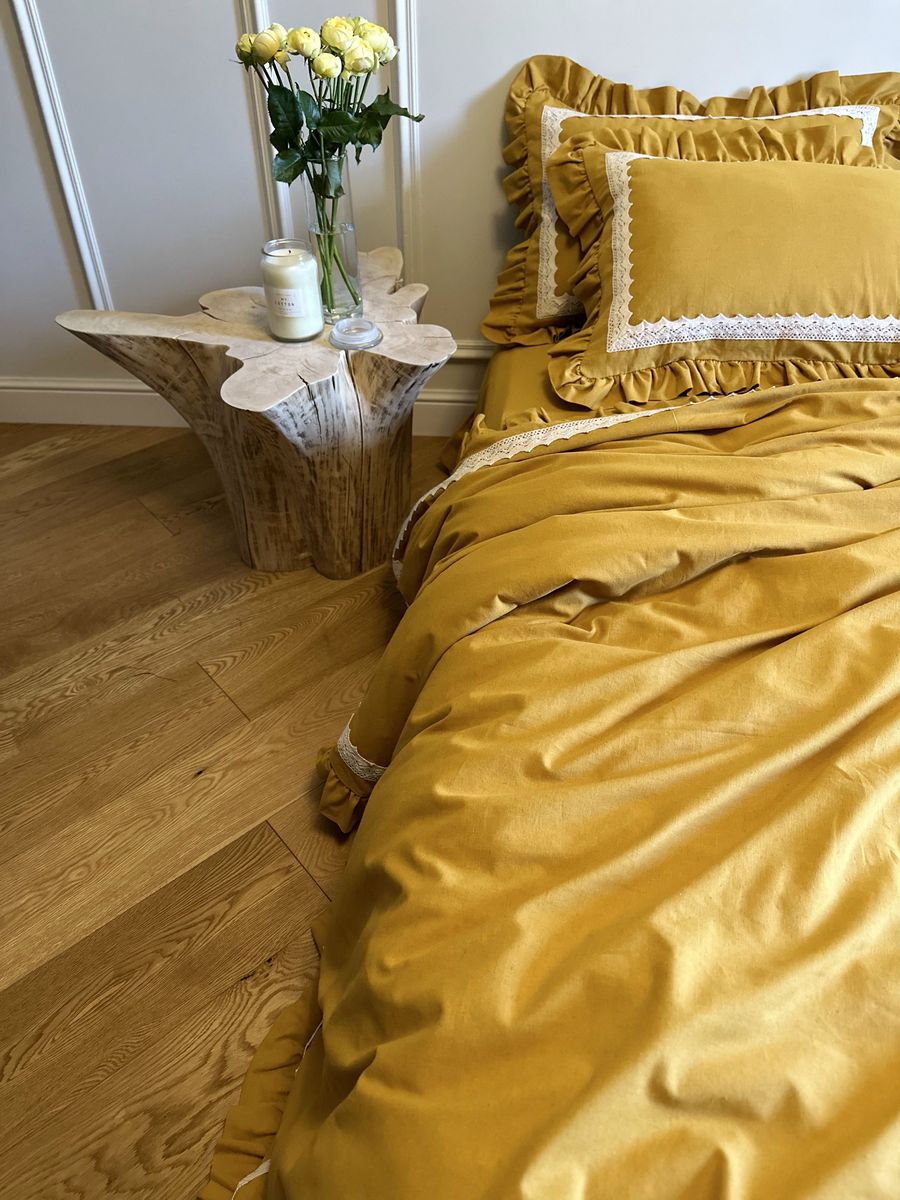 Linen Bedding in Sand with Delicate Lace Details