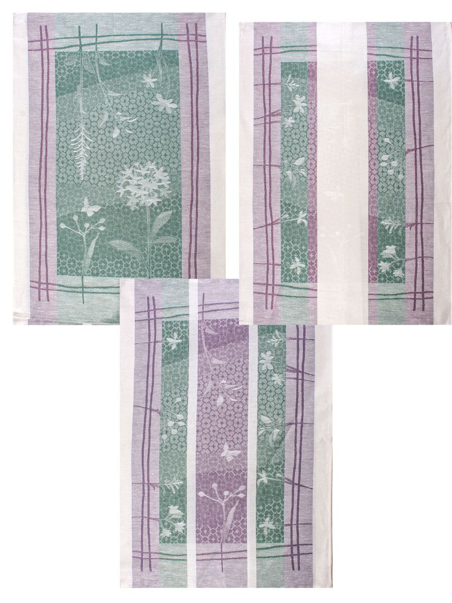 Linen White with Green and Purple Stripes, Set of 3 Towels