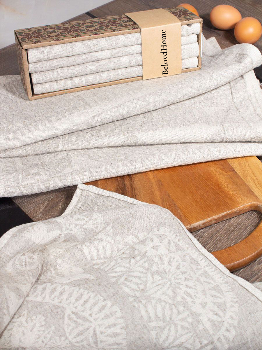 Linen Grey with National Ornament, Set of 4 Towels