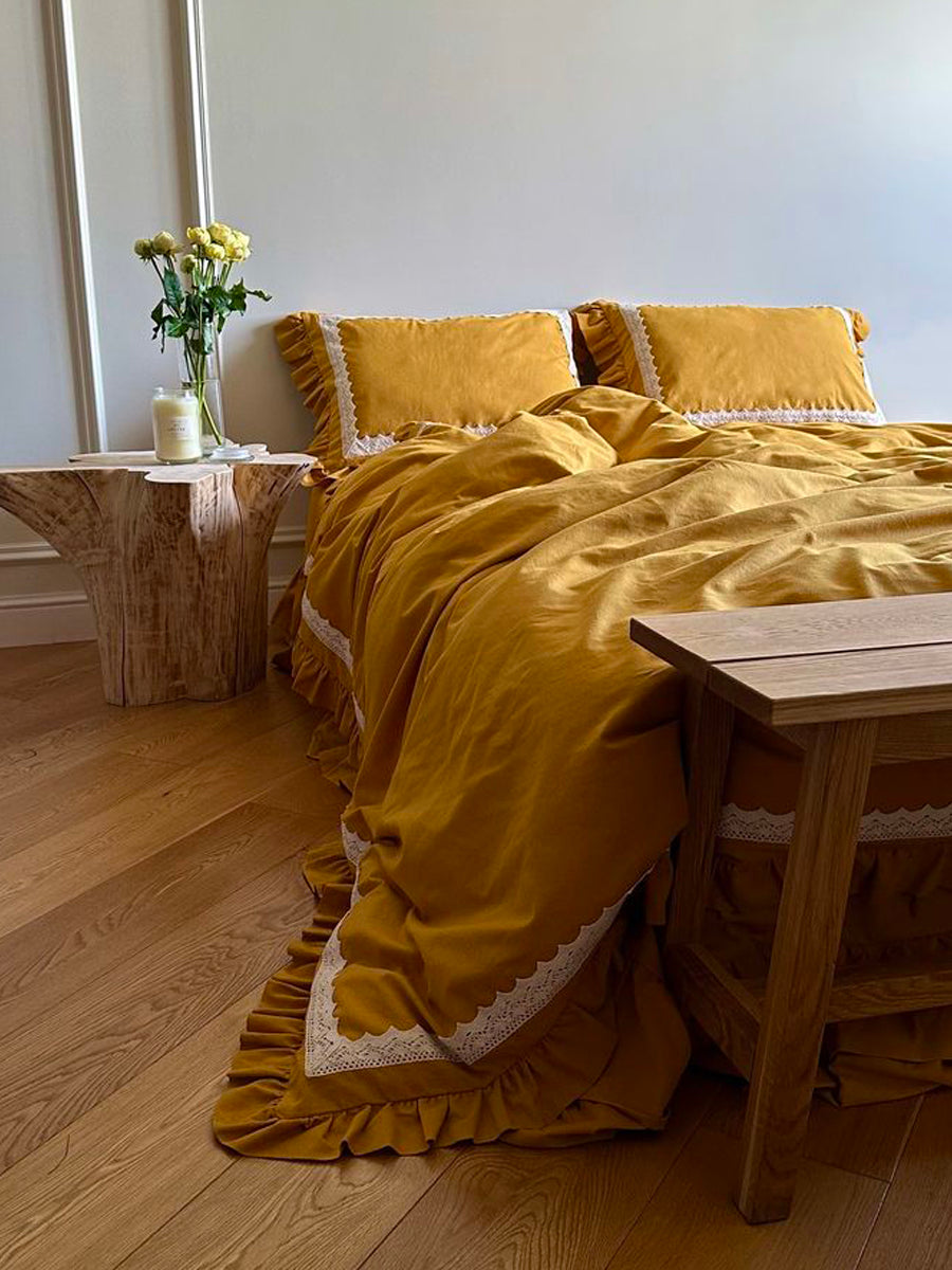 Linen Bedding in Sand with Delicate Lace Details